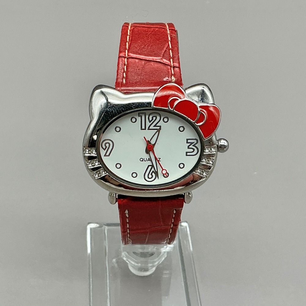 Sanrio Hello Kitty Watch Women's 2007 Red Strap Crystal Silver 38mm NEW BATTERY